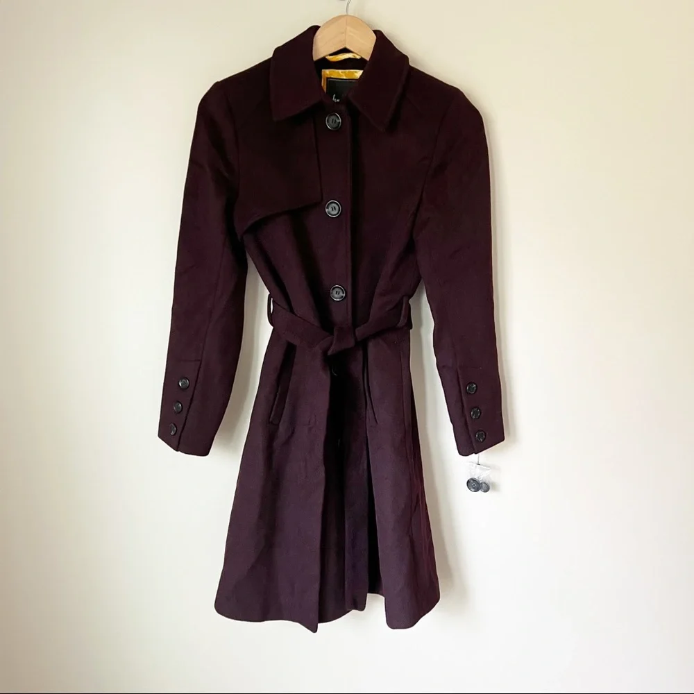 Sam Edelman Belted Wool Blend Trench Coat Wine Burgundy 2 NWT - Picture 3 of 14